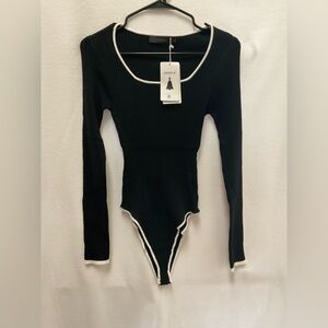 Black Ribbed Long Sleeve Bodysuit with White Edge Trim